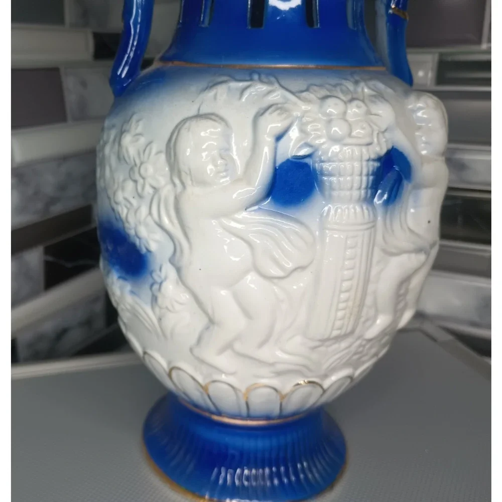 Vintage Cobalt Blue Cherub Angel Porcelain Urn Vase Gold Trim Handles Ceramic